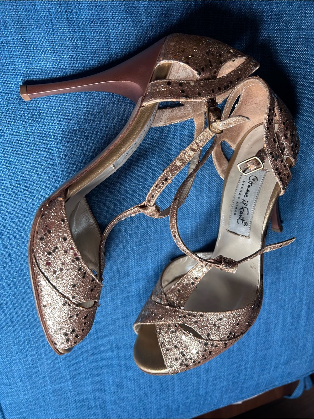 Comme il faut Glitter Peep-Toe Strappy Tango Heels in Rose Gold